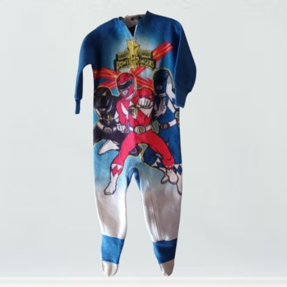 A) Power Ranger Red and Blue Kids Footie Pajamas - Picture 7 of 9